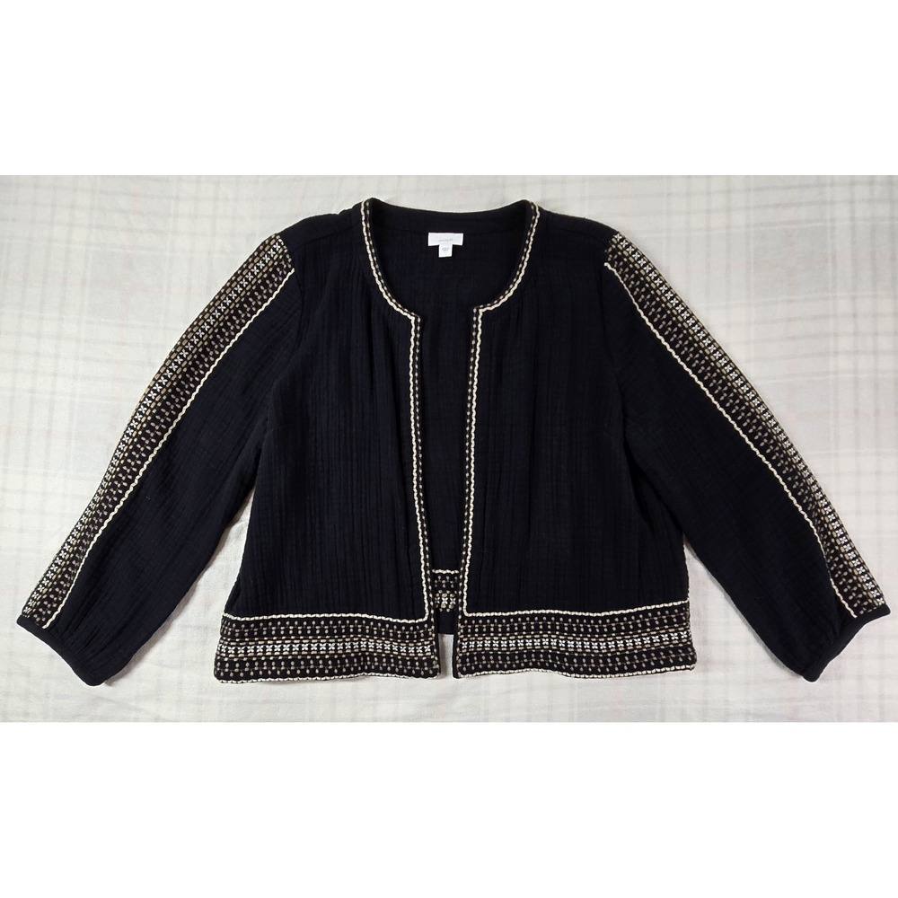 J. Jill Pure Jill Embroidered Cotton Gauze Jacket Open Front Black Womens L
